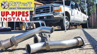 2001 F350 73  RiffRaff UpPipes Install  Stock up pipes leaking and falling apart JUNK SP [upl. by Tnilf]